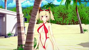 Burnice gives beach bikini blowjob in fantasy