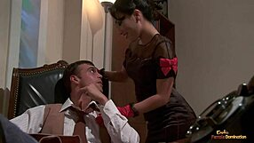 Asian secretary helps boss relax with her body