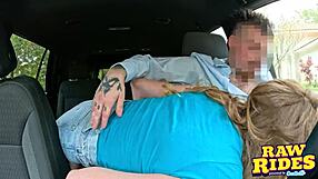cute horny college redhead with butt plug masturbates and blows car driver for free ride