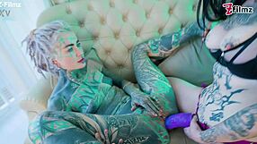 tattooed lesbians fuck with anal dildo