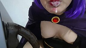 Stupid big tits sissy slut raven eating cum after giving a blowjob to a big black dildo