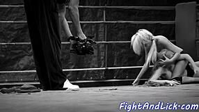 Naked lezzies wrestle in boxing ring