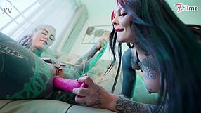 tattooed lesbians fuck with anal dildo