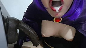Stupid big tits sissy slut raven eating cum after giving a blowjob to a big black dildo