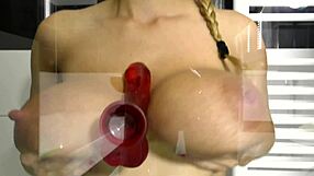Blowjob titsjob and fuck dildo in glass door you get perfect view
