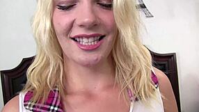 Hot ass blonde gets her plump pussy fucked hard on camera
